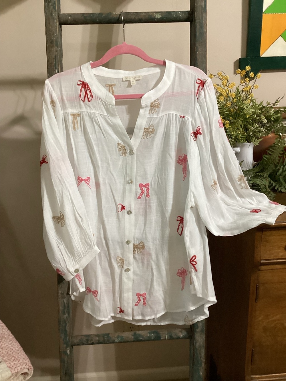 Fig and Flower linen Button-Front Blouse with Pink & Tan Bow Embroidery